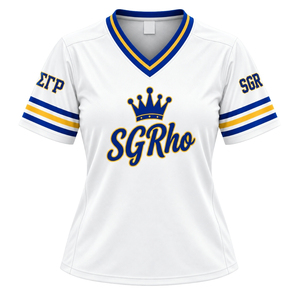 <b>Women</b> Sigma Gamma Rho Hockey Jersey <b>White</b> Custom SGRho Script V-Neck <b>Short</b> <b>Sleeve</b> Greek Sorority Athletic Fashion Teamwear - Product Image 1
