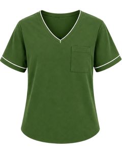 T-shirt personnalisé vert foncé pour femme, col en V, avec passepoil contrastant, manches courtes, poche, doux, respirant, décontracté, idéal pour l'été, coupe confortable - Product Image 1