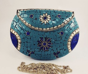 Folk Art Brass Clutch <b>Bag</b> With Gold Plated <b>Studs</b> And Colorful Stones Circular Shape Metal Craft - Product Image 4