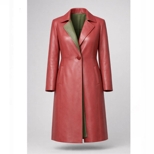 Elegante Gabardina Roja con Forro Verde Suave, Corte Minimalista, Abrigo Largo de Cuero - Product Image 6