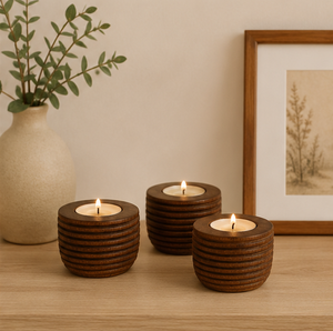 Handcrafted Ribbed Sheesham Wood <b>Tea</b> <b>Light</b> Candle Holder Set For Home Decor Decorative Round Wooden Votive Stand For Festive - Product Image 4