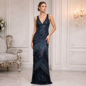 Luxury <b>Art</b> Deco Beaded Fringe Evening Gown for Women | Deep V Neck Sleeveless Formal Party Dress Elegant Prom Wedding Reception - Product Image 2
