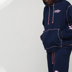 Ensemble de survêtement unisexe bleu marine et rose à imprimé lettres, coupe ample, style streetwear, sweat-shirt et pantalon de jogging en coton pour adultes, collection automne - Product Image 4