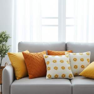 SOGA 6-Piece Retro Daisy Golden <b>Velvet</b> Burnt Orange Diamond Knit Pillow <b>Cover</b> Set Cozy Home Decor Seat <b>Cushions</b> & Pillows - Product Image 3