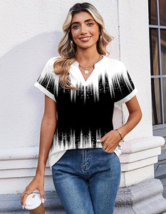 Women V-Neck Short Sleeve Geometric Print T-Shirt Casual Spring Summer Breathable Polyester <b>Top</b> - Product Image 1
