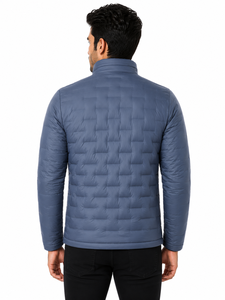 Livster <b>Mens</b> <b>Blue</b> Breathable Canvas Quilted Puffer Jacket High Stand Collar Full Front Zipper Closure Modern Horizontal Channel - Product Image 3