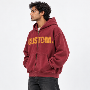 Custom Burgundy Washed <b>Zip</b> Up <b>Hoodie</b> Oversized Graphic Hooded Sweatshirt with Split <b>Pocket</b> OEM Private Label Streetwear - Product Image 3
