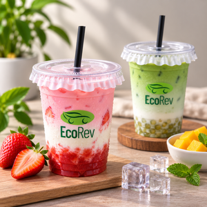 Gobelets en plastique PET écologiques personnalisés, gobelets transparents en PET pour jus, soda, eau à emporter avec couvercles plats - Product Image 2