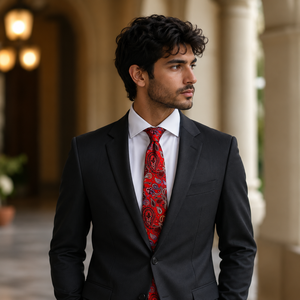 Corbata de Seda 100% con Diseño Paisley Rojo para Hombre |   Corbata Floral Ecológica de Lujo |   Accesorio de Moda Elegante y Formal para Fiestas y Negocios - Product Image 1