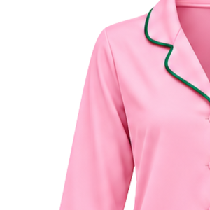 Women's Pink Pajama Set with Green Piping Alpha Kappa Alpha Embroidery and 1908 Detail <b>Long</b> Sleeve Button Front Top Matching - Product Image 4