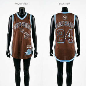 Camiseta de Baloncesto de Malla de Poliéster Transpirable de Primera Calidad, 180 GSM, Panel Azul Marrón, Logotipo Personalizado con Transferencia Térmica - Product Image 1