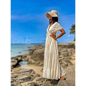 Robe maxi blanche style bohème pour femme, vêtements de plage d'été, coton naturel lavable, col en V, taille à cordon - Product Image 3