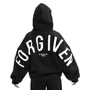 Sweat à capuche oversize unisexe en coton noir tricoté, style streetwear décontracté, avec impression au dos, manches classiques, pour l'automne, motif Psaume 32:1 « Forgiven » - Product Image 1