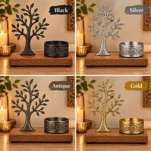 Objeto Decorativo de Pájaro en Árbol Plateado con Cuenco Grabado y Base de Madera, Decoración Tradicional para Mesa del Hogar, Adorno Metálico - Product Image 3