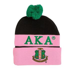 Gorro de punto AKA con pompón rosa y negro, gorro de invierno bordado con la hermandad griega, gorro cálido con pompón para mujer - Product Image 2