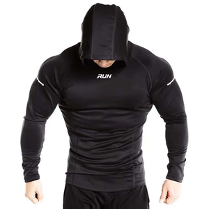 Men's Black Hooded Long Sleeve <b>Compression</b> Shirt Run Logo Quick Dry Knitted Pullover <b>Spring</b> Fitness Wear - Product Image 1
