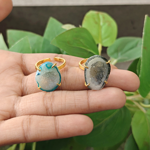 18K Gold Plated Blue & Grey Druzy Agate Adjustable <b>Statement</b> <b>Ring</b> Wholesale Luxury Style Best Selling High Quality Fashion <b>Ring</b> - Product Image 5