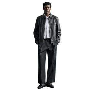 Veste streetwear pour homme en cuir véritable noir, col chemise, fermeture éclair sur le devant, coupe décontractée, minimaliste, vêtement d'extérieur de mode haut de gamme personnalisé OEM - Product Image 3
