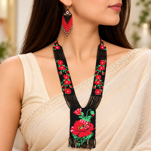 Ensemble collier et boucles d'oreilles de mariage ethniques faits à la main, ornés de perles florales, pour femmes, bijoux à franges rouges et noirs - Product Image 1