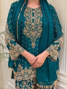 Ensemble Salwar Kameez brodé bleu sarcelle avec palazzo et dupatta – Tenue ethnique pour femme pour mariage, fête et festival - Product Image 2