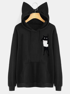 Sweat-shirt décontracté en coton noir pour femme, avec oreilles de chat, imprimé dessin animé, poche avant, vente en gros, best-seller, personnalisable, hiver uni - Product Image 1