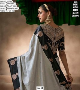 Sari Tradicional de Seda Bordado en Satén Color Fucsia Teal Heritage para Mujer, Sin Arrugas, para Invierno, Diwali, Bodas y Fiestas - Product Image 2