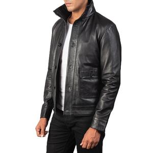 Veste en cuir authentique avec fermeture à boutons et col boutonné haut en cuir d'agneau véritable noir pour hommes - Product Image 1