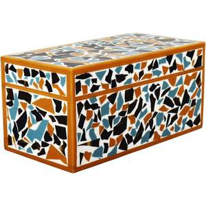 Boîte de rangement rectangulaire en bois avec motif mosaïque bleu, noir, orange et blanc pour organiser les bijoux - Product Image 1