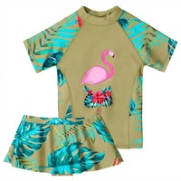 Ensemble de maillots de bain anti-UV à manches courtes pour filles, imprimé tropical flamant rose, tenue d'été pour enfants, prix de gros