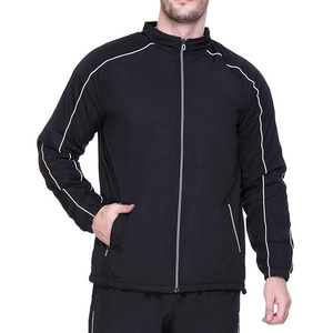 <b>Men's</b> Black Hooded Zip-Up <b>Track</b> <b>Jacket</b> With White Trim Side Pockets Breathable Sporty Fit Regular Full Sleeve Autumn Wear - Product Image 1