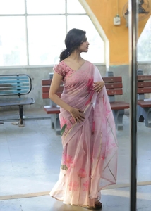 Sari de lino y algodón Bollywood con estampado digital KV (rosa) - Product Image 3