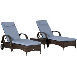Set di 3 Lettini Prendisole Regolabili in Rattan con Braccioli, Tavolino Laterale e Ruote per Uso Esterno a Bordo Piscina, Struttura Durevole in Ferro e Alluminio - Product Image 1