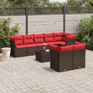 Set di divani da giardino in polyrattan marrone da 9 pezzi con cuscini, elegante collezione di mobili da esterno - Product Image 1