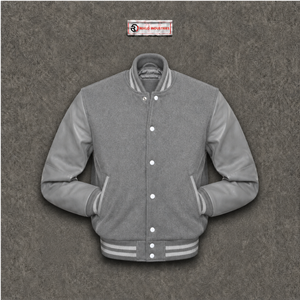 Nouvelle veste varsity en laine gris clair tendance, manches en cuir ton sur ton, classique, confortable, élégante, tenue urbaine tendance, à porter au quotidien - Product Image 5