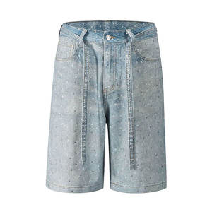 Men's High Waist <b>Sequined</b> Dot Pattern Denim Bermuda <b>Shorts</b> Button Fly Casual Style Washed Cotton Canvas <b>Shorts</b> Rhinestones Top S - Product Image 1