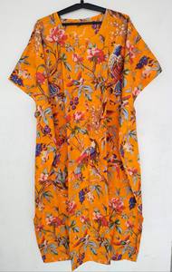 Vestido Kaftan Indio 100% Algodón, Estampado Floral, Cuello en V, Corte en A, Largo hasta la Rodilla, Ligero, Ropa de Playa con Encaje - Product Image 4