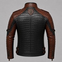 Blouson de moto en cuir véritable pour homme, motif crocodile embossé, marron noir, col montant, coupe ajustée, coupe-vent, fermeture éclair
