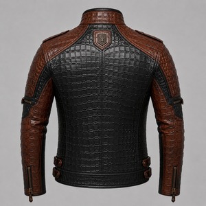 Blouson de moto en cuir véritable pour homme, motif crocodile embossé, marron noir, col montant, coupe ajustée, coupe-vent, fermeture éclair - Product Image 4