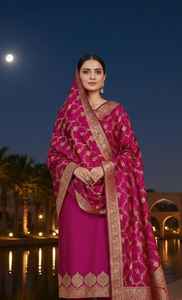 Traje de seda semikatan Banarasi tejido a mano con borde dorado y diseño tradicional Buta para mujer, ideal para fiestas, protección solar y secado rápido. - Product Image 3