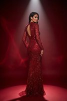 Robe de soirée de luxe en gros, longue, à sequins, à manches longues, formelle, écologique, perlée, 100 % polyester, avec soutien-gorge intégré