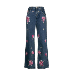 Nuevos pantalones vaqueros de mezclilla con diseño y color personalizados, logotipo bordado, pantalones vaqueros acampanados para mujer con pedrería. - Product Image 5