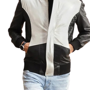 <b>Men</b>’s <b>Black</b> and White Genuine Leather Racer <b>Jacket</b> Two Tone Color Block Stand Collar Full Zip Casual Outerwear - Product Image 5