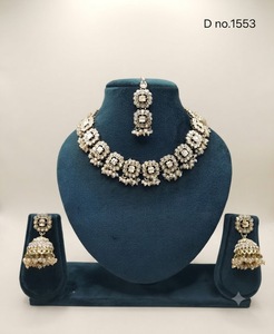 Geometric Square Shape Motif Crystal Beaded Fringe Necklace <b>Set</b> Wth Jhumka & Tika Festive Wear Antique Gold Plated <b>Jewellery</b> <b>Set</b> - Product Image 1