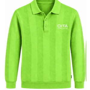 Neon Lime <b>Green</b> <b>Mens</b> Long Sleeve Knitted <b>Polo</b> <b>Shirt</b> Textured Vertical Stripe Pattern Ribbed Hem Smart Casual Premium Fashion T - Product Image 1