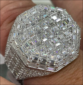 Geometric Cocktail <b>Ring</b> Rhodium Plated Stainless Steel Cubic Zirconia <b>Emerald</b> Cut Pave Setting Unisex Party Glam Jewelry - Product Image 1