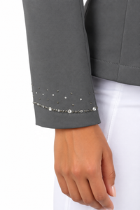 Veste d'équitation grise pour femme, élégante, pour concours d'équitation, avec revers en strass, fermeture boutonnée stylée - Product Image 3