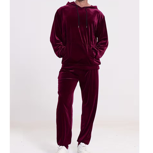 Wholesale Drawstring Velvet <b>Jacket</b> Trouser <b>Men</b> Lightweight Fleece Velour <b>Pullover</b> Hooded Winter Solid Breathable Eco-Friendly - Product Image 1
