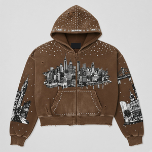 Sweat à capuche surdimensionné personnalisé avec strass, en tissu 100 % coton doux de qualité supérieure, style urbain, qualité supérieure, effet vieilli et impression sérigraphiée - Product Image 1