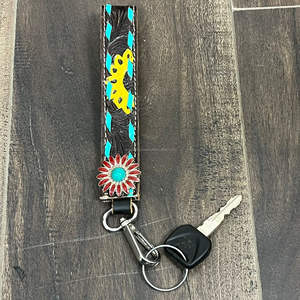 Porte-clés bracelet artisanal en cuir de vache véritable style western avec concho tournesol et incrustation turquoise pour femme, vente en gros unisexe - Product Image 5