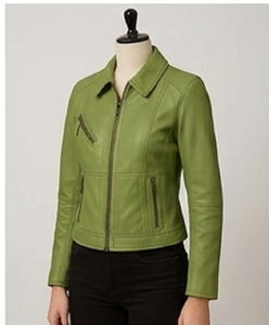 Women's Green Sheep <b>Skin</b> Solid Slim Fit Biker Jacket Zip Front Windproof Heated Casual Outerwear Trendy Streetwear - Product Image 2